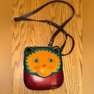 Handcrafted Cat Design Leather Crossbody Bag